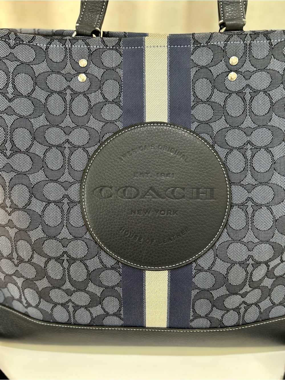 Coach Navy and Gray Signature Canvas Tote with Center Stripe - Picture 3 of 14